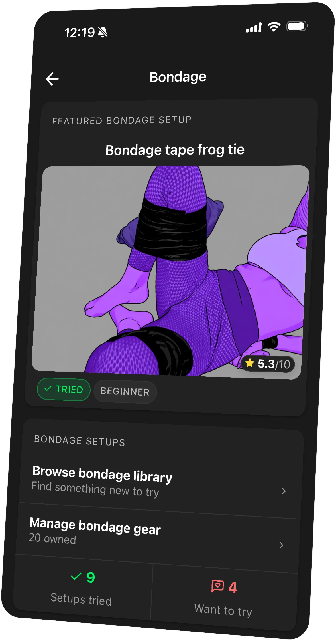 Artebu bondage facet UI with gear inventory and tie log